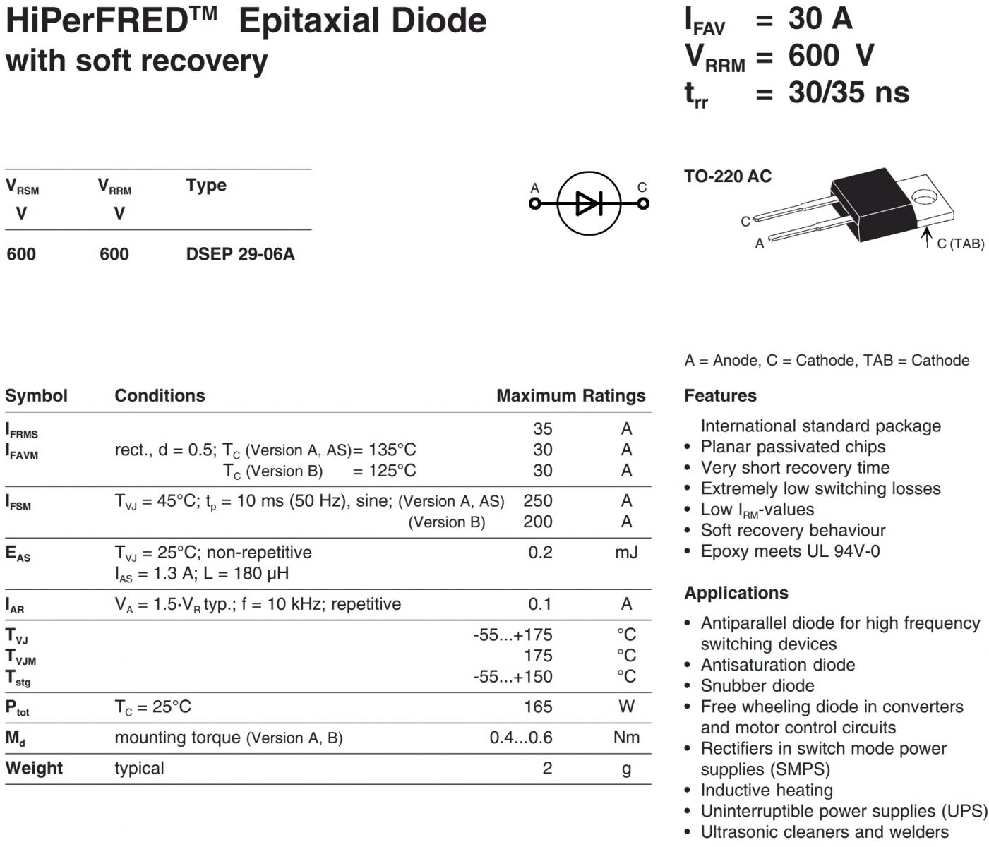 IXYS 600V 30A FAST RECOVERY DIODE - DSEP29-06A רכיבי אלקטרוניקה סידרה ...