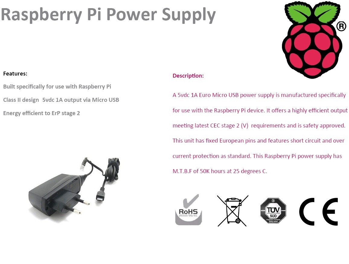RASPBERRY PI MODEL B POWER SUPPLY ספקי כוח, שנאים וממירי מתח סידרה : 7871