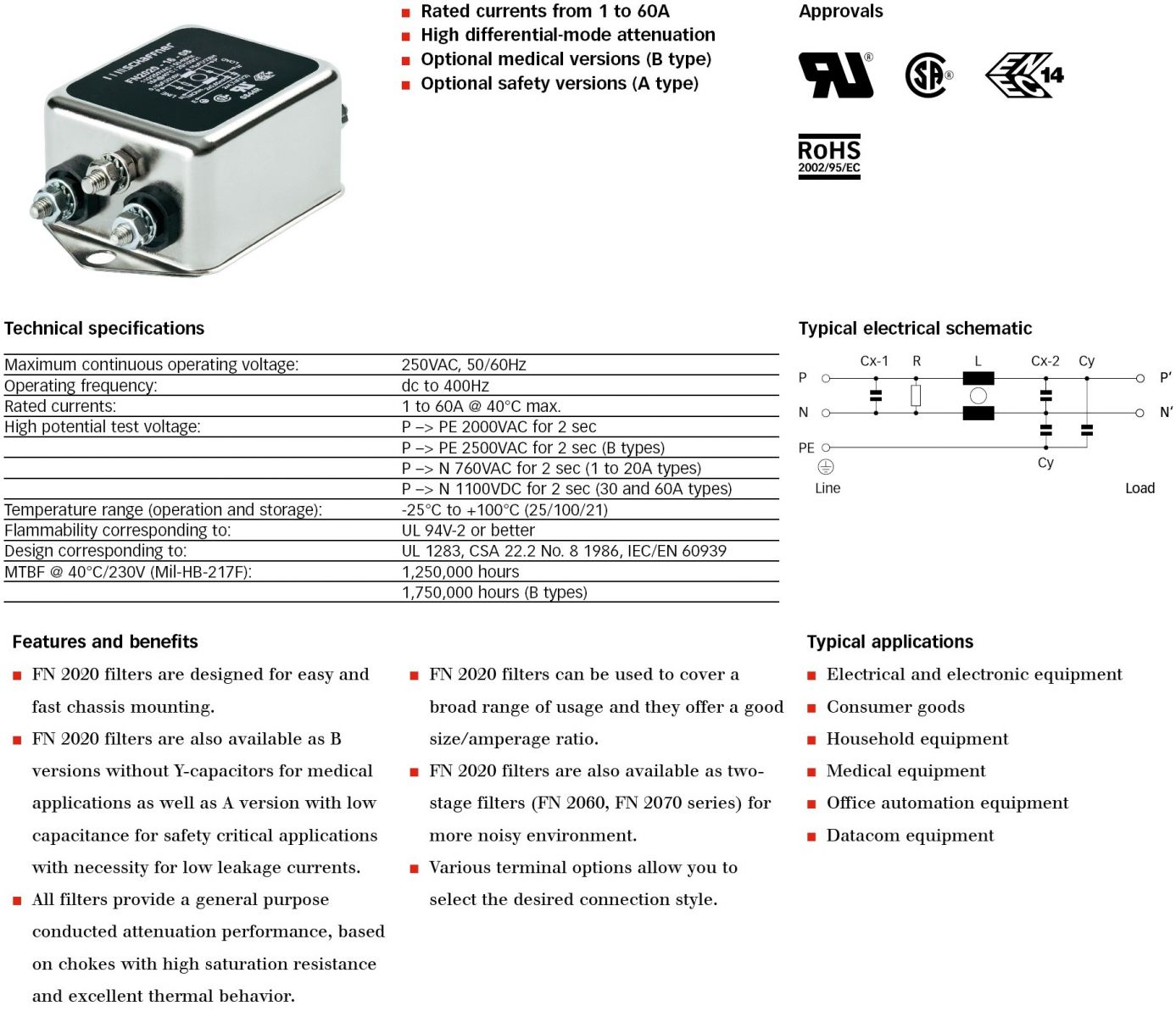SCHAFFNER EMI FILTERS FN2020 SERIES רכיבי חשמל ובקרה